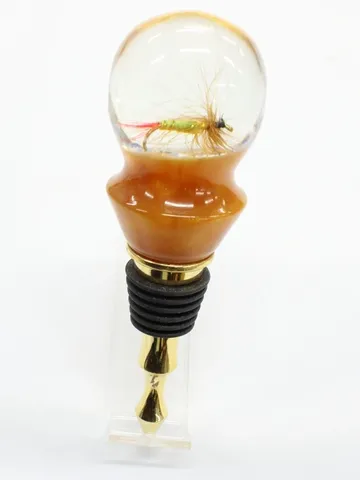 Gold Bottle Stopper with a Fishing Fly handcrafted by Paul's Pens n Things
