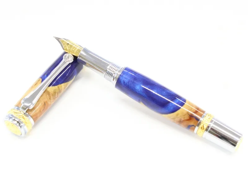 Majestic fountain pen in red mallee burl and blue resin hybrid with chrome and 22kt gold trim