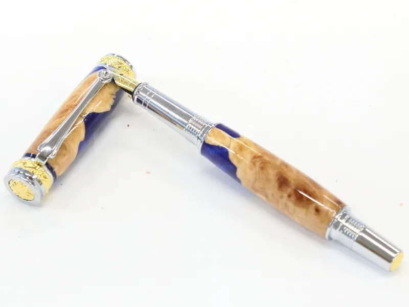Majestic JR fountain pen in red mallee burl and resin hybrid with chrome and 22kt gold trim