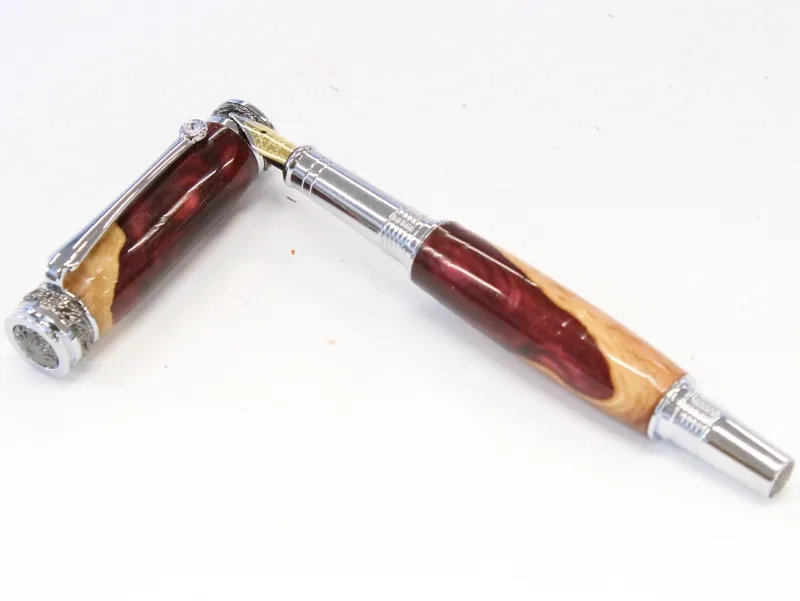 Majestic JR fountain pen in red mallee burl and resin hybrid with chrome and gun metal trim