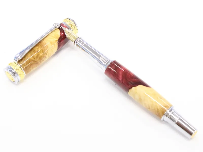 Majestic JR fountain pen in red mallee burl and resin hybrid with chrome and 22kt gold trim