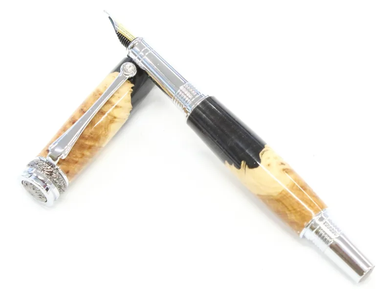 Majestic JR fountain pen in red mallee burl and black resin hybrid with chrome and gun metal trim