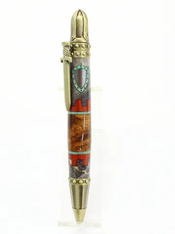 Knights Armor Pen in Antique Brass with Castle Inlay handcrafted by Paul's Pens n Things