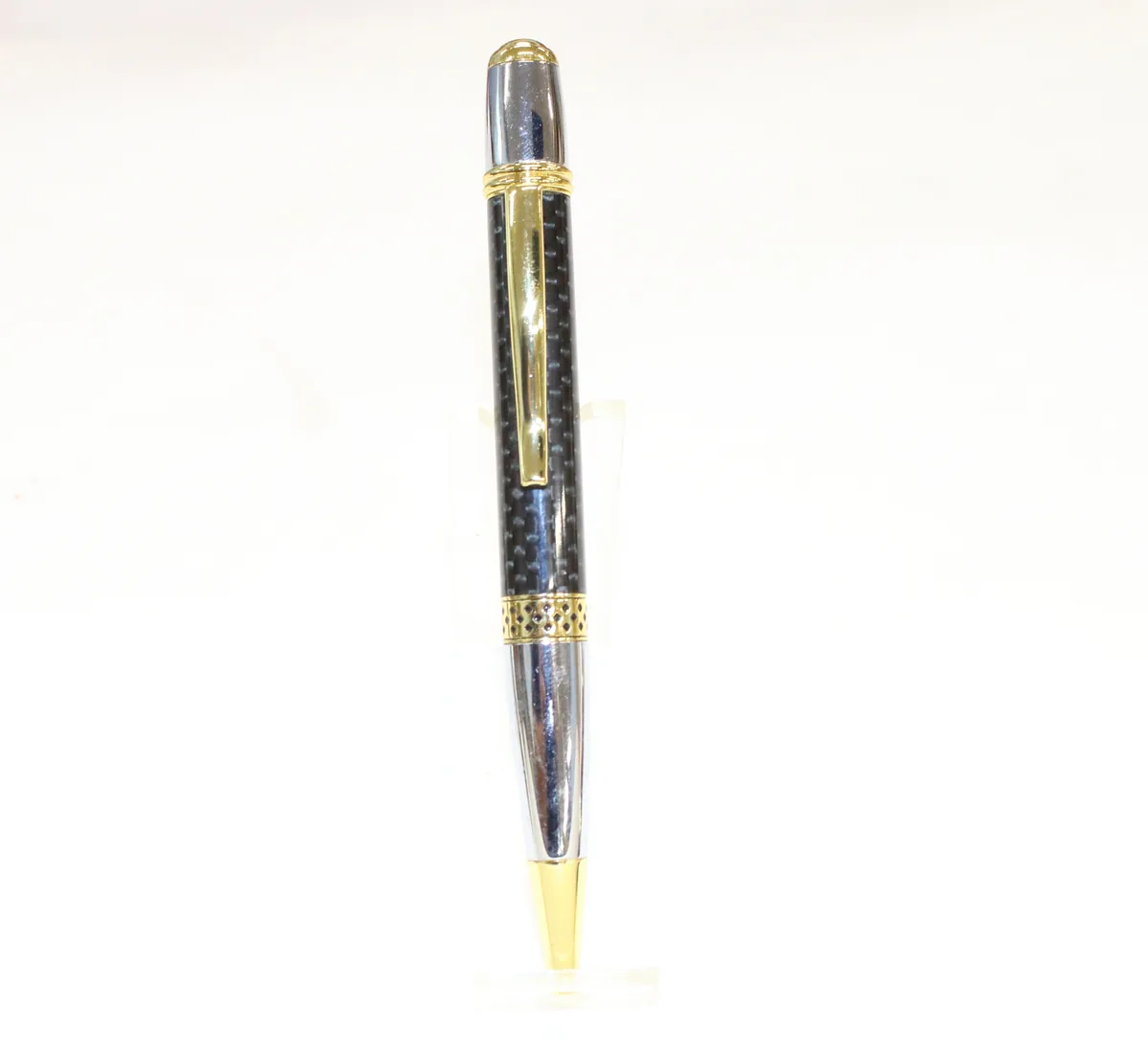 Mesa style pen with 24kt gold and chrome trim and a carbon fiber barrel