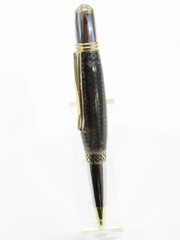 Mesa style pen with 24kt gold and chrome trim and a braided carbon fiber barrel