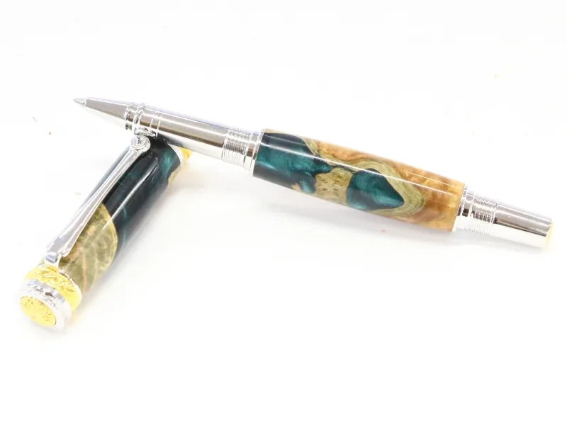 Majestic JR rollerball in red mallee burl and resin hybrid with rhodium and 22kt gold trim