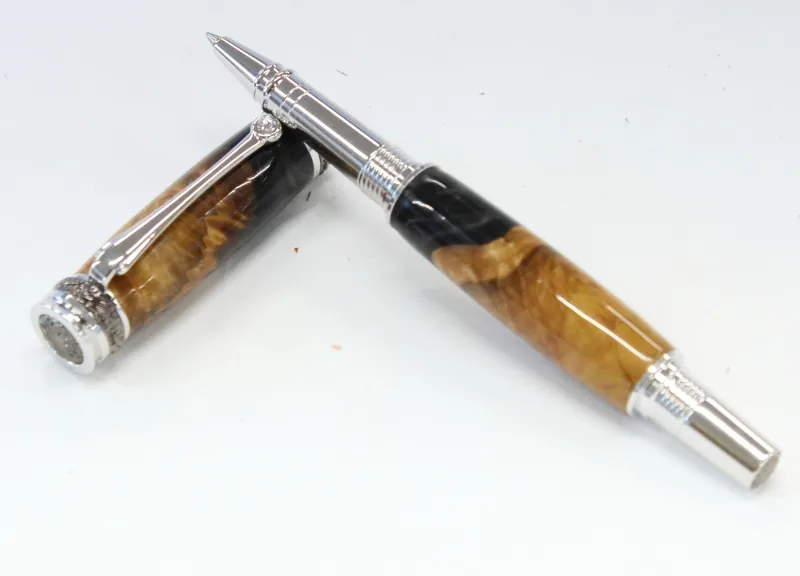 Majestic JR rollerball in red mallee burl and resin hybrid with rhodium and black titanium nitride trim