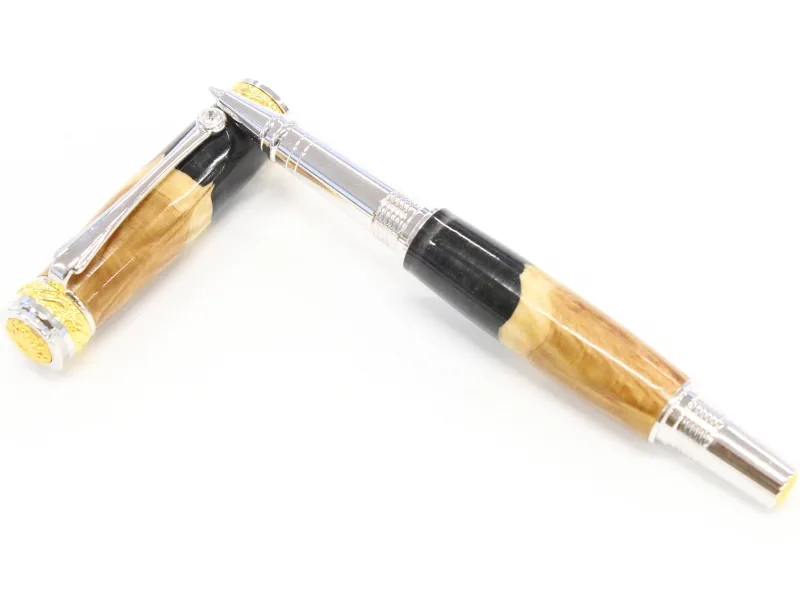 Majestic JR rollerball in red mallee burl and black resin hybrid with rhodium and 22kt gold trim