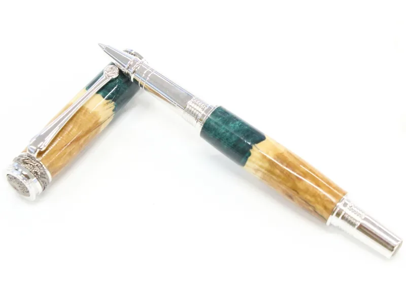Majestic JR rollerball in red mallee burl and green resin hybrid with rhodium and black titanium nitride trim