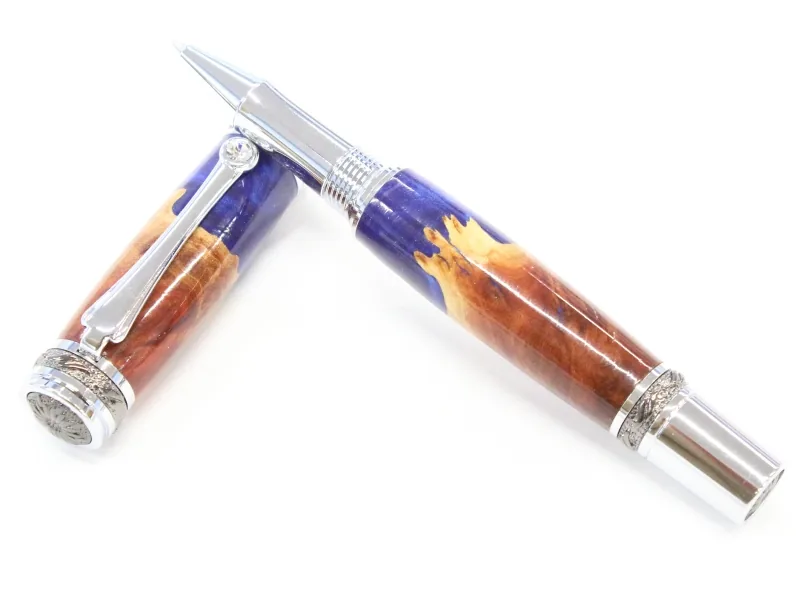 Majestic rollerball in red mallee burl and blue resin hybrid with chrome and gun metal trim