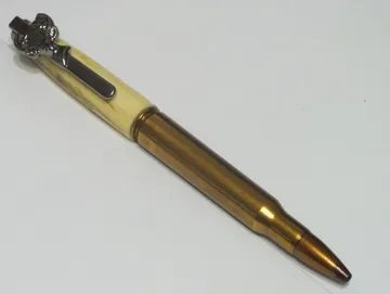 30-06 rifle cartridge pen in deer antler with a deer-head clip finished in gun metal