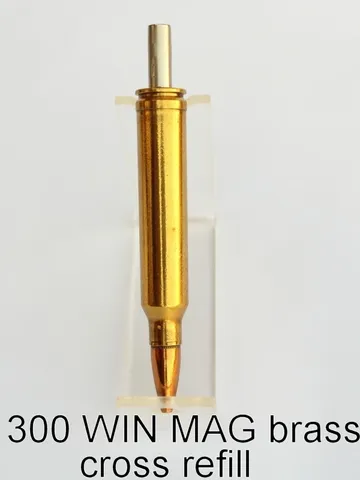 Polished brass .300 Winchester Magnum cartridge pen assembly with Cross refill