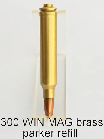 Polished brass .300 Winchester Magnum cartridge pen assembly with Parker adapter