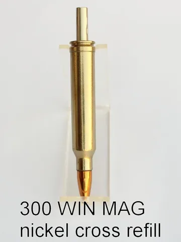 Nickel-plated .300 Winchester Magnum cartridge pen assembly with Cross refill