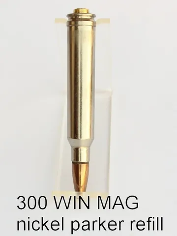 Nickel-plated .300 Winchester Magnum cartridge pen assembly with Parker adapter