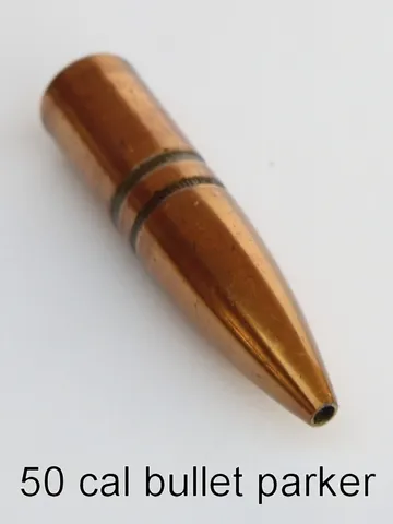 Powder-coated .50 caliber copper bullet drilled for a Parker refill