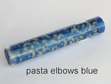 Pen blank of elbow pasta suspended in blue resin
