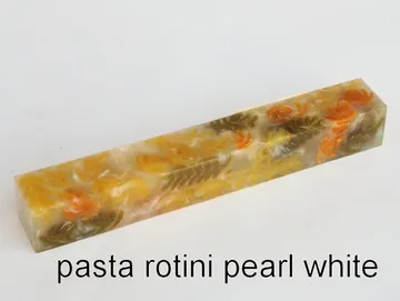 Pen blank of tri-colored rotini pasta suspended in pearl white resin