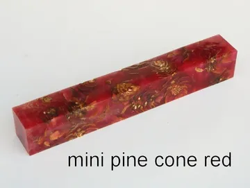Pen blank of mini pine cones suspended in red resin